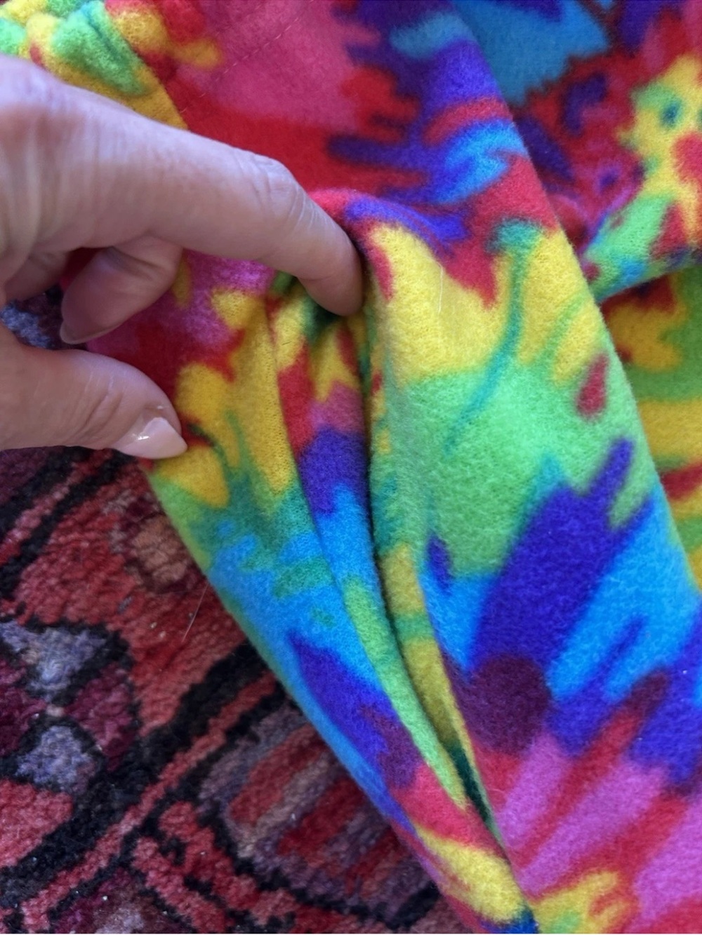 Grandma Pants Tie Dye Faux Fur Bell Bottom Festival Rave Pants L Burning Man - Picture 6 of 14